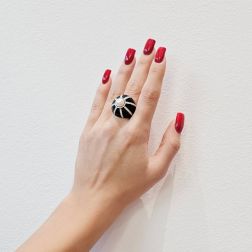 Photo of worn Black Dome Ring Akoya Pearl White Gold and Diamonds