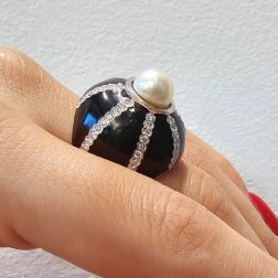 Photo of worn Black Dome Ring Akoya Pearl White Gold and Diamonds