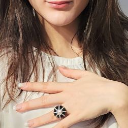 Photo of worn Black Dome Ring Akoya Pearl White Gold and Diamonds