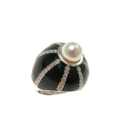 Black Dome Ring Akoya Pearl White Gold and Diamonds