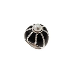 Black Dome Ring Akoya Pearl White Gold and Diamonds