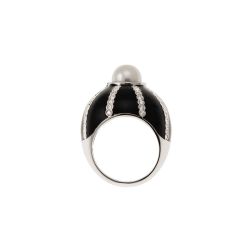 Anello Cupola nera Perla Akoya Oro Bianco e Diamanti