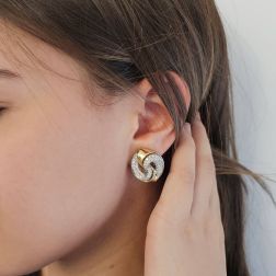 Photo of worn Braided Earrings with 152 Diamonds in Yellow and White Gold