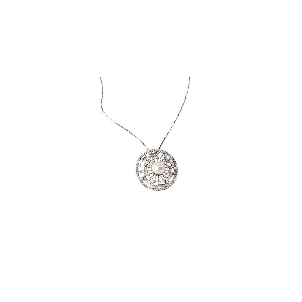 Collana con Ciondolo Tondo motivo floreale con Perla Akoya e Diamanti