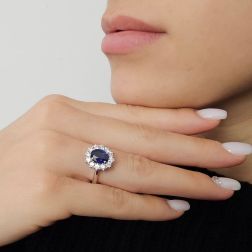 Photo of worn 6x8 Blue Sapphire with 12 Diamonds Kate Ring