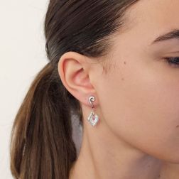 Photo of worn Rose and White with Diamonds and Rubies Gold Lily earrings