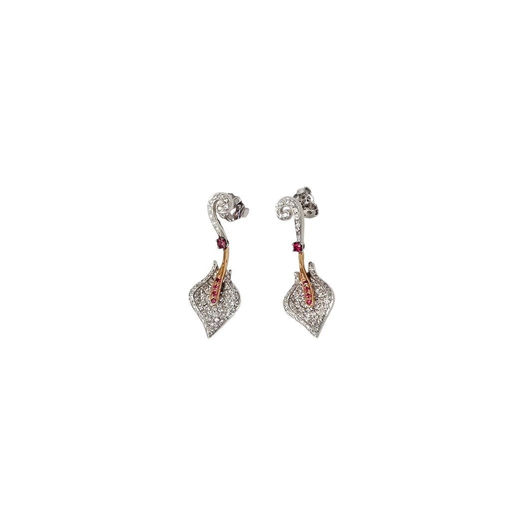 Rose and White with Diamonds and Rubies Gold Lily earrings