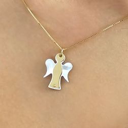 Photo of worn Two-tone angel and mother-of-pearl pendant