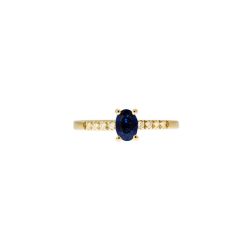Anello Solitario con Zaffiro Blu Ovale e 8 Diamanti