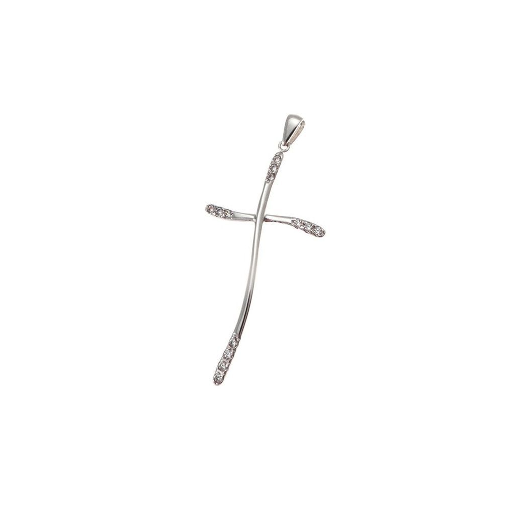 White Gold Wavy Cross Pendant with Zircons