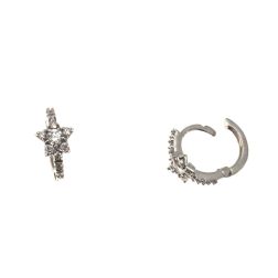 Star Earrings Mini Round Hoops with Diamonds on White Gold