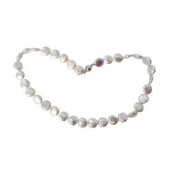 White pearl button necklace with white gold ball clasp