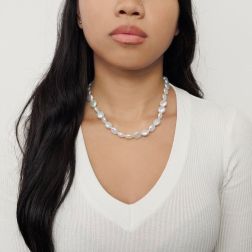 White pearl button necklace with white gold ball clasp photo worn