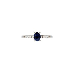 Oval Blue Sapphire Solitaire Ring with 8 Diamonds in White Gold - Italian Size 9