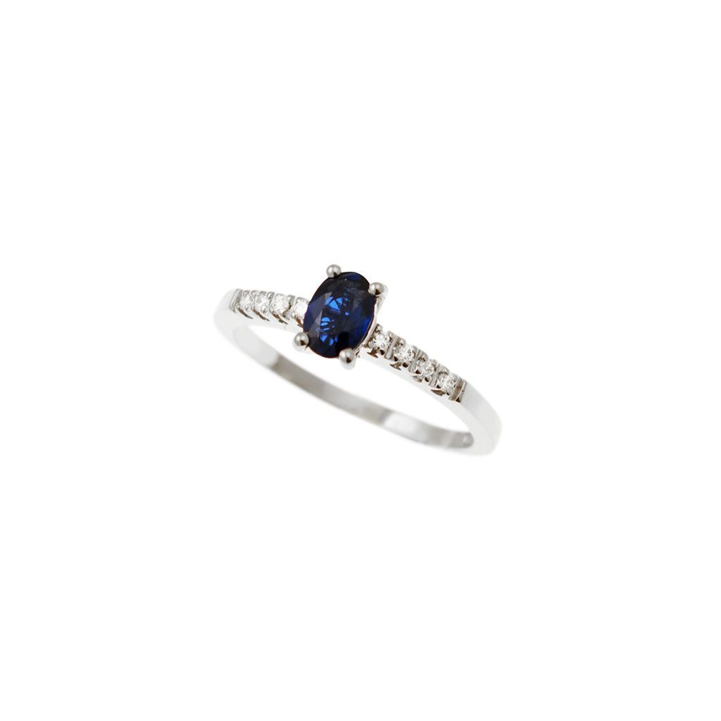 Anello Solitario Zaffiro Blu Ovale e 8 Diamanti in Oro Bianco - Misura 9