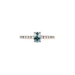 Anello Solitario Acquamarina Ovale e 8 Diamanti in Oro Bianco
