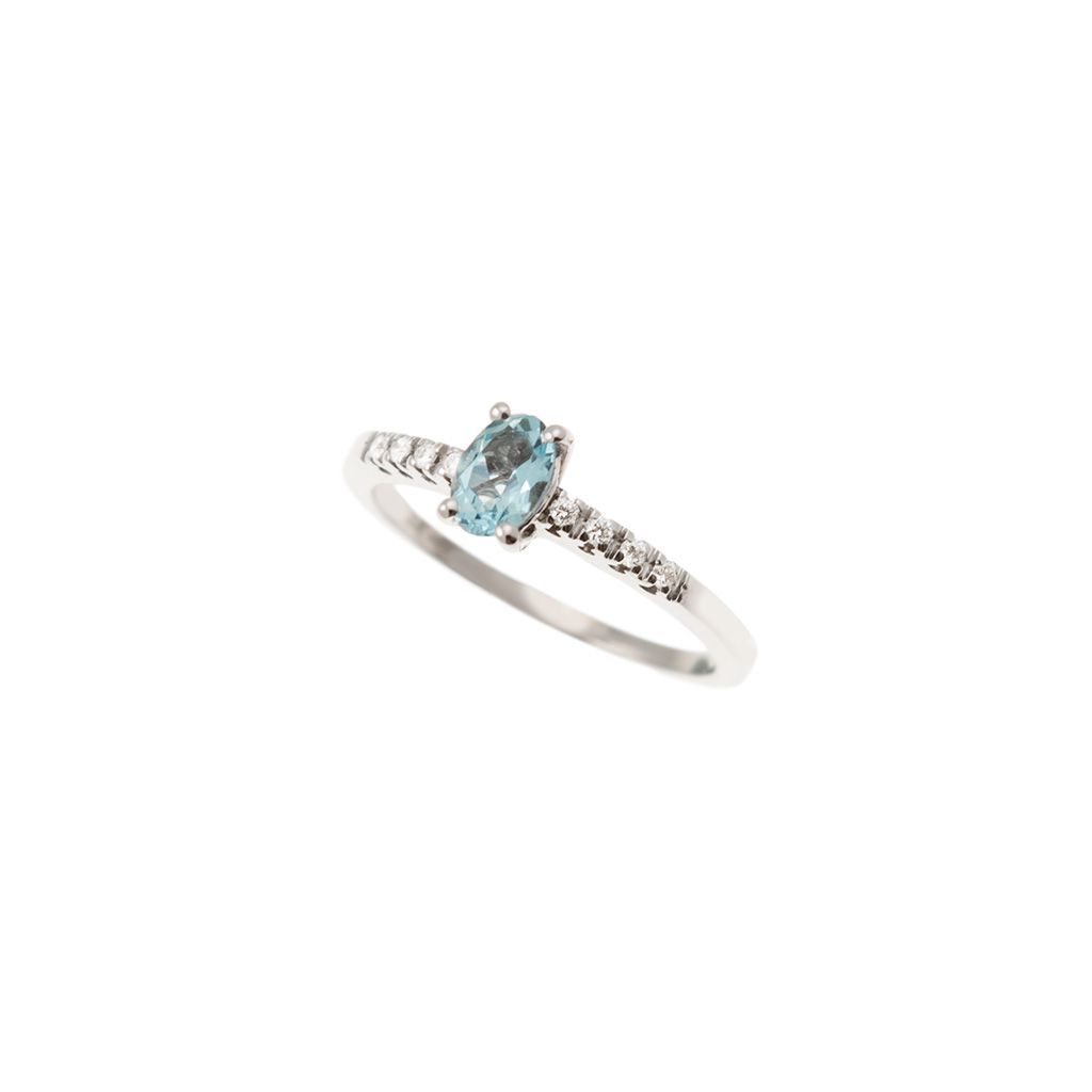 Anello Solitario Acquamarina Ovale e 8 Diamanti in Oro Bianco