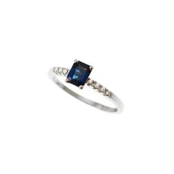 Octagonal Blue Sapphire Solitaire Ring with 8 Diamonds in White Gold