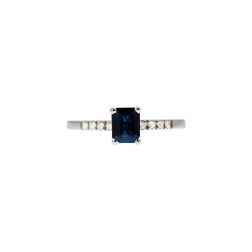 Anello Solitario Zaffiro Blu Ottagonale e 8 Diamanti in Oro Bianco