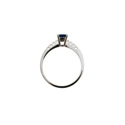 Octagonal Blue Sapphire Solitaire Ring with 8 Diamonds in White Gold