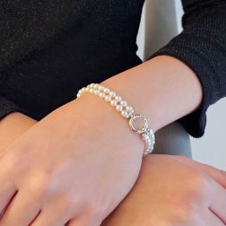 Double strand Fresh Water Pearl bracelet with white gold clasp photo worn