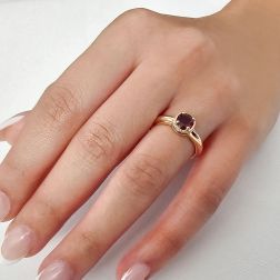 Round Solitaire Ring with Rhodolite and 18 Diamonds in Rose Gold photo worn