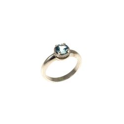 Anello Solitario tondo con Acquamarina e 18 Diamanti Oro Bianco