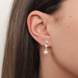 Photo of worn White gold Hearts and Pearls with Zircons Earrings