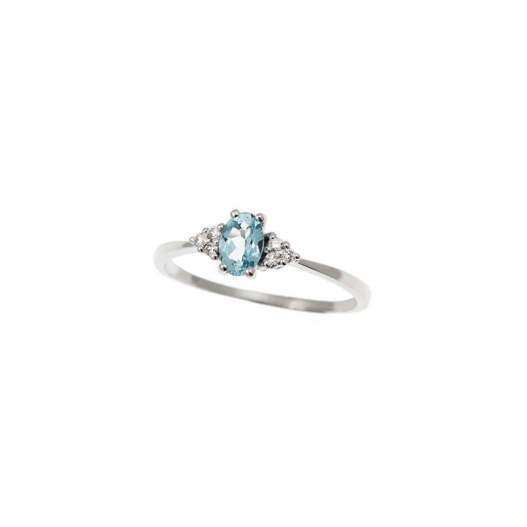Anello Solitario Acquamarina Ovale 6x4mm e 6 Diamanti in Oro Bianco