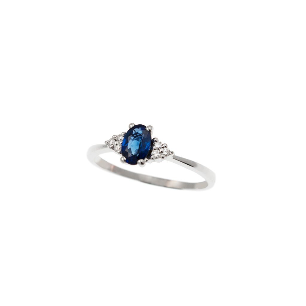Anello Solitario Zaffiro Blu Ovale 6x4mm e 6 Diamanti in Oro Bianco