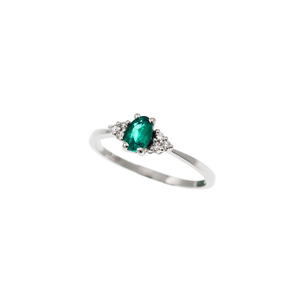 Anello Solitario Smeraldo Ovale 6x4mm e 6 Diamanti in Oro Bianco