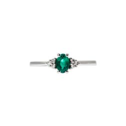 Anello Solitario Smeraldo Ovale 6x4mm e 6 Diamanti in Oro Bianco