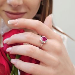 photo of worn Kate ring with 8.10x6.20mm Ruby and 12 Diamonds