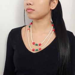 photo of worn 104cm Long Necklace White Pearls with Green and Red Stones without Clasp