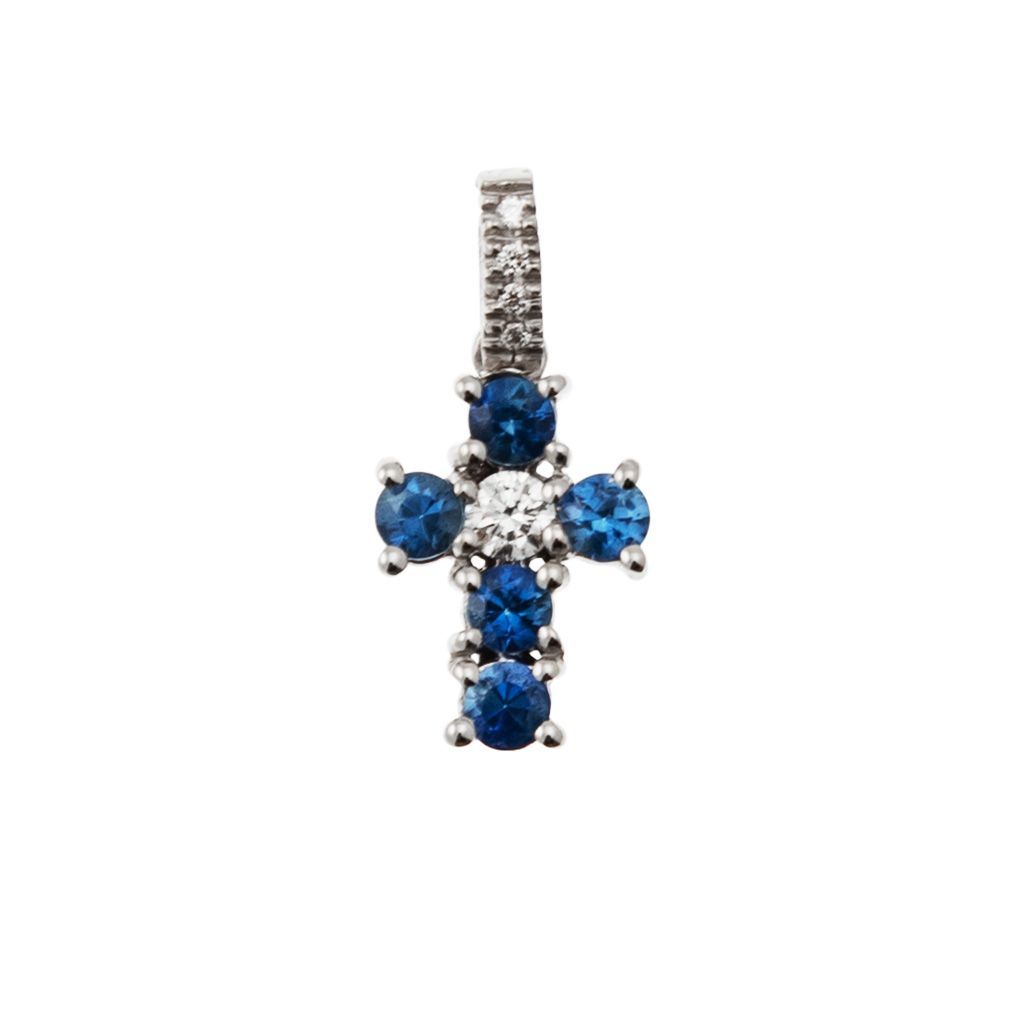 Ciondolo Croce con Zaffiri Blu - Larghezza 8.3mm