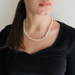 Photo of worn Akoya pearl necklace with drop clasp in White and Rose Gold with Diamonds