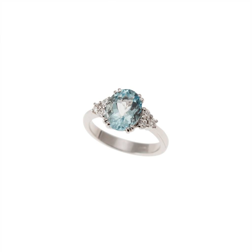Anello Solitario con Acquamarina 9mmx7mm e Diamanti