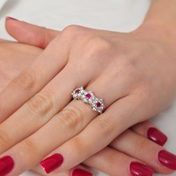 photo fo worn Trilogy Diamonds and Rubies Flower Ring