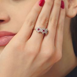 photo fo worn Trilogy Diamonds and Rubies Flower Ring