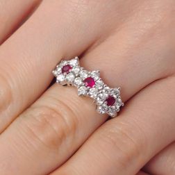photo fo worn Trilogy Diamonds and Rubies Flower Ring