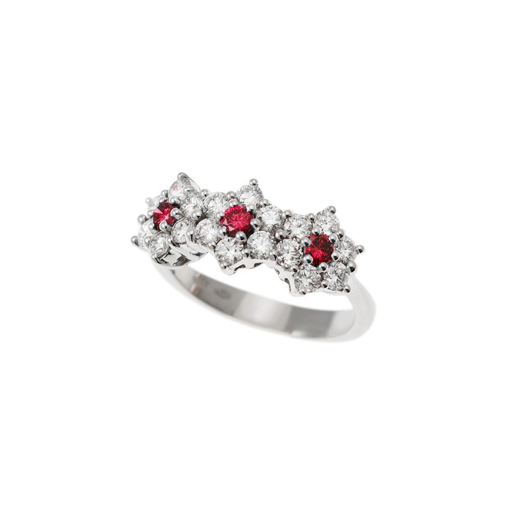 Anello Trilogy Fiore di Diamanti con Rubini- Larghezza 8.8mm