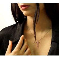 Photo of worn Necklace with Cross in white gold and Rubies