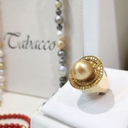 Ring with Gold pearl drop and Yellow Diamonds in a circle