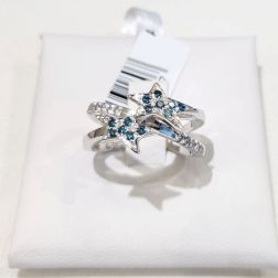 2 Stars Diamonds and Blue Diamonds Ring in White Gold