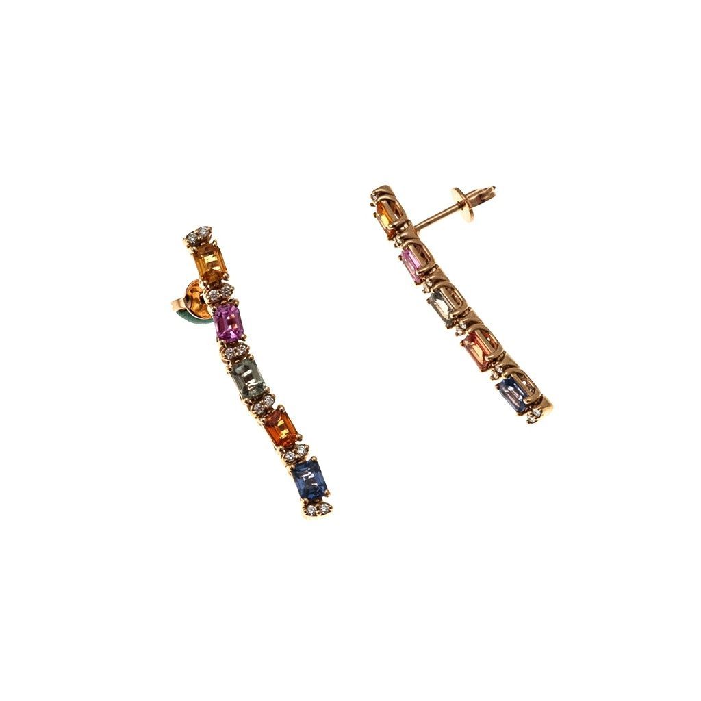 Linear Dangle Earrings with Multicolored Sapphires and Diamonds in Rose Gold
