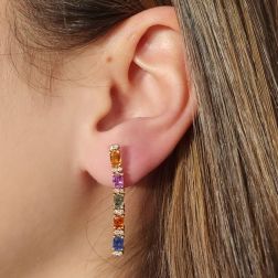 photo of worn Linear Dangle Earrings with Multicolored Sapphires and Diamonds in Rose Gold