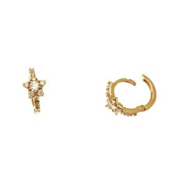 Star Earrings Mini Round Hoops with Diamonds on Yellow Gold