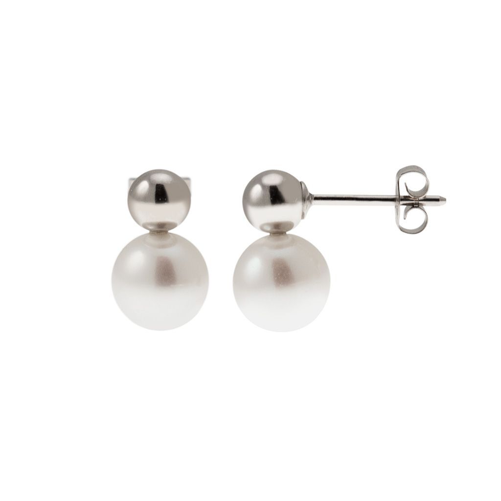 Orecchini Sfera 5mm in Oro Bianco e Perla Fresh Water 7.5mm