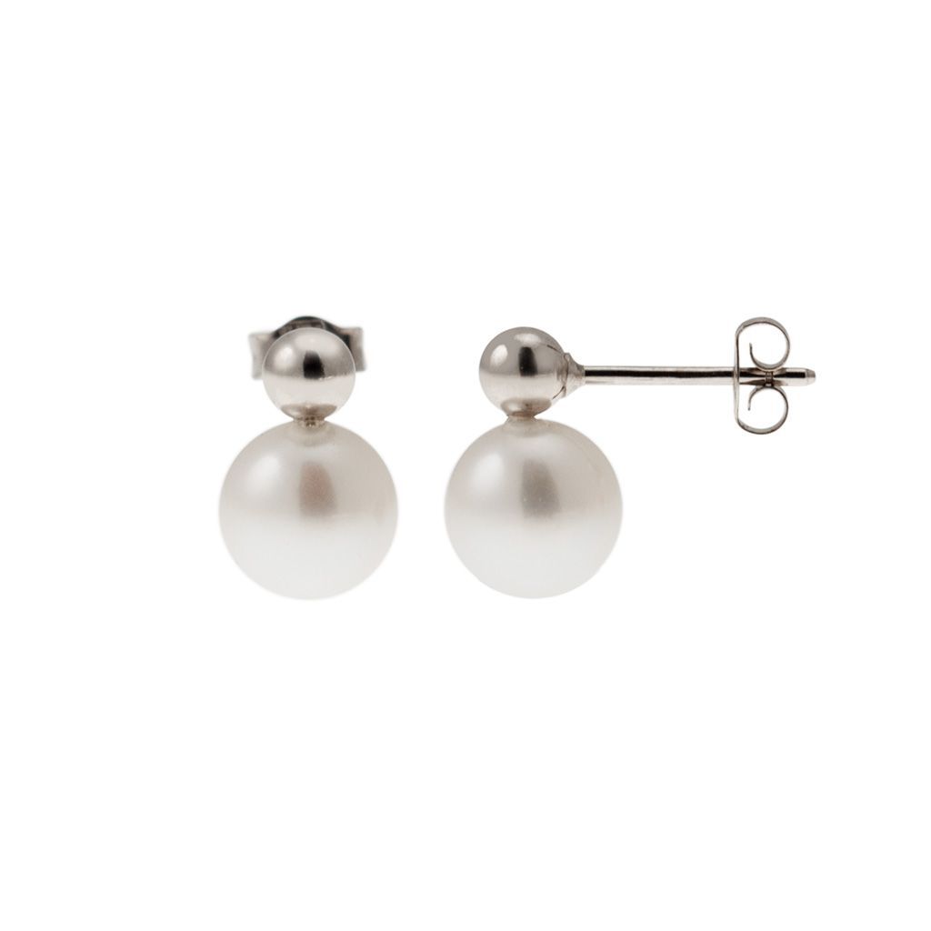 Orecchini Sfera 4mm in Oro Bianco e Perla Fresh Water 7.5mm