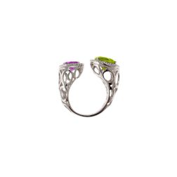 Anello Design Aperto Peridoto 9mm e Ametista 7mm contorno Diamanti